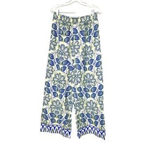 CeCe Super Wide Leg Palazzo Linen Blend Pants Size M Blue White Paisley Floral